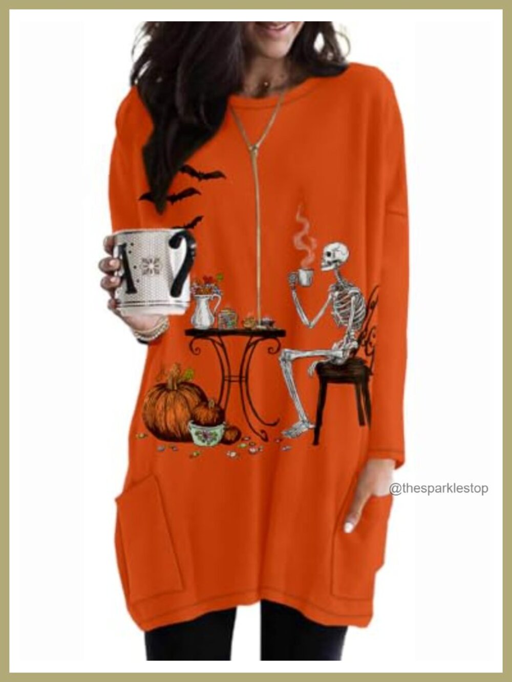 Long Sleeve Tunic Top Rayon Spandex Halloween Ghost Pumpkin Casual